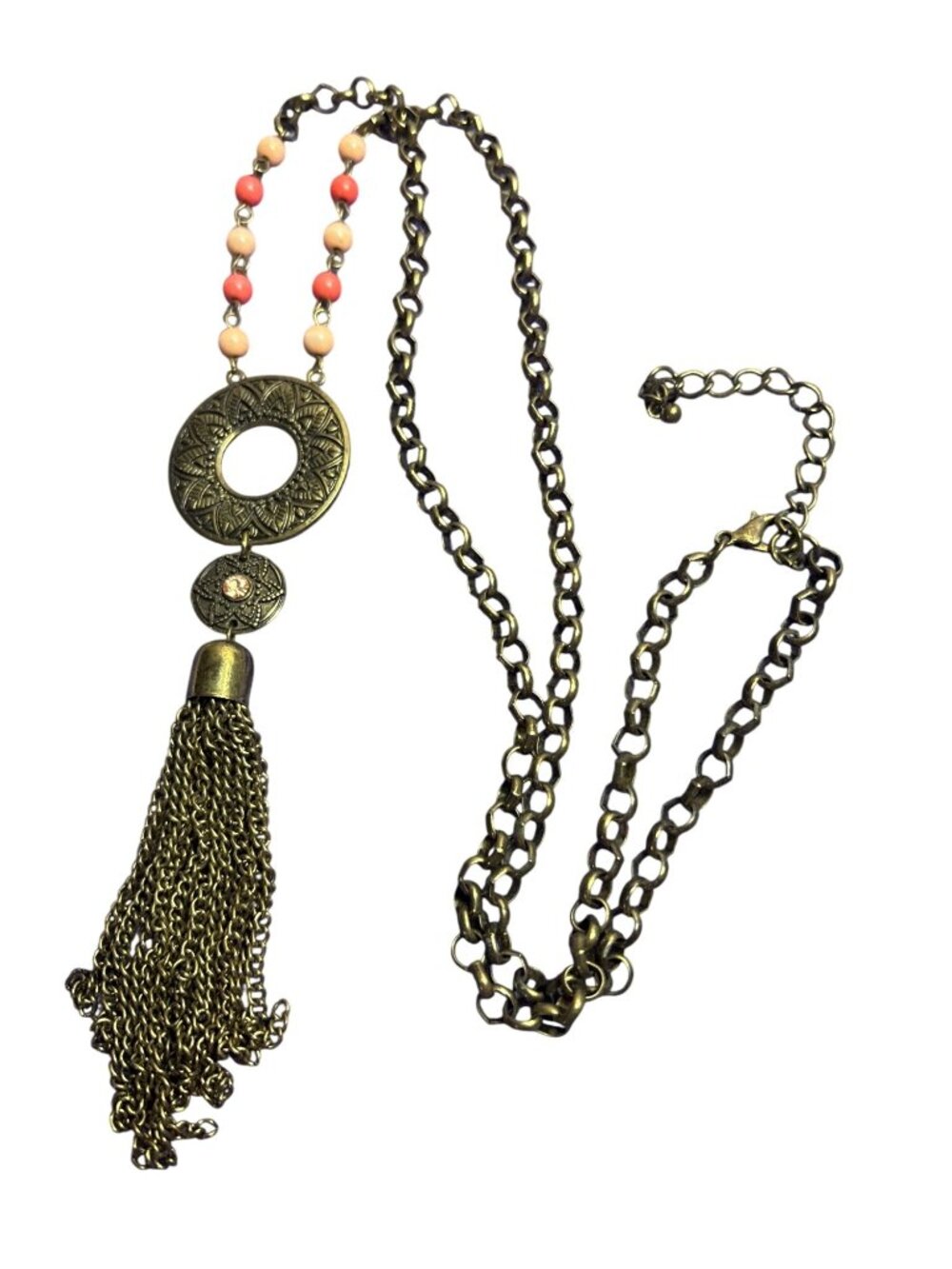 Antiqued Goldtone Chain Beaded Necklace Circle Chain Tassel Pendant